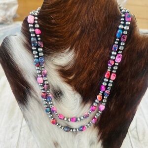 Pink Dream Mojave & 925 Navajo Sterling Silver Pearl Necklace